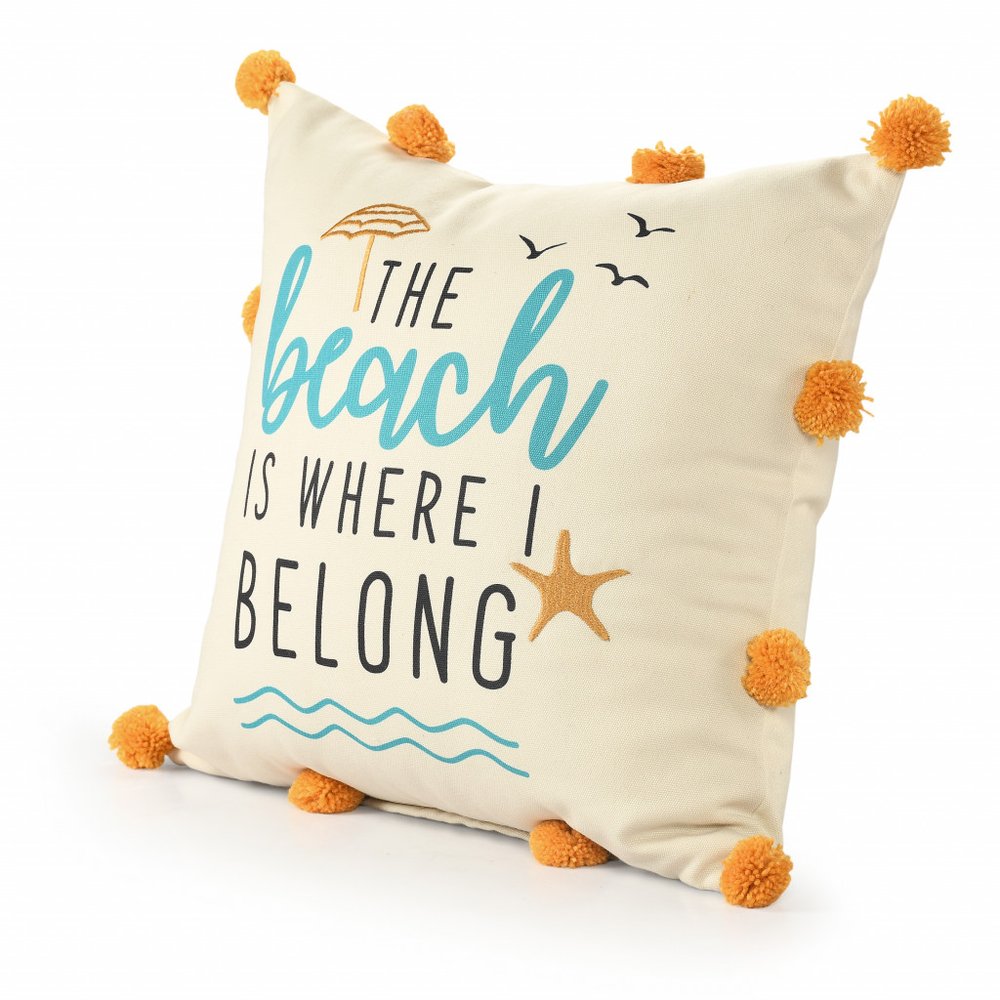 20" Natural Aqua And Orange The Beach Is Where I Belong Throw Pillow